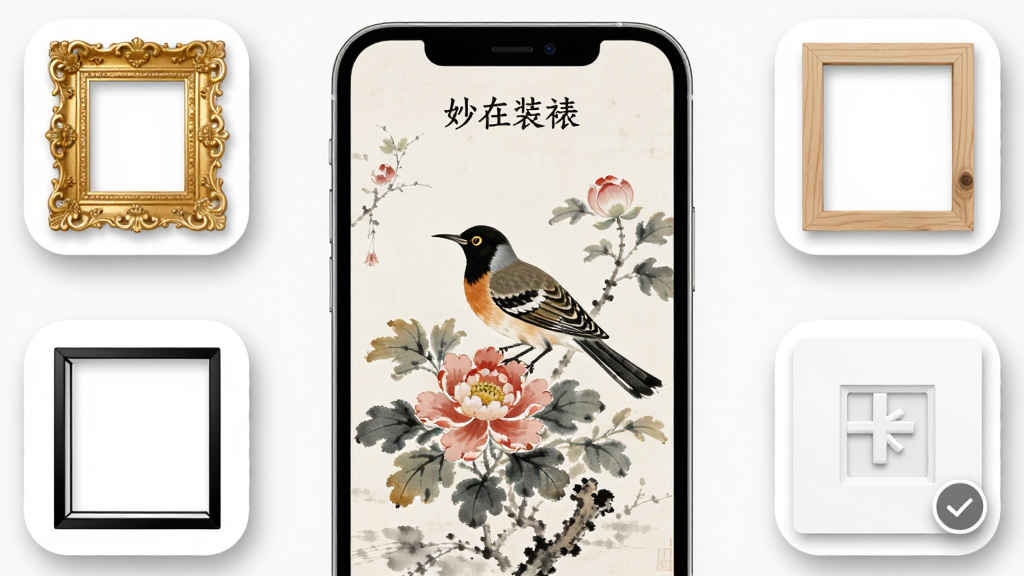 �ֻ���Ļ������ʾһ�����񻭣��������ܻ��ư��ֲ�ͬ���Ļ�������ͼ��������ɫ�񻨿�ԭľɫ��Լ�򡢺�ɫϸ�߿򡢰�ɫ���߿�ֽ�򣬲���Ϊ�������У����Ϊ��ƽ��UIչʾ��ϸ�ڰ���Բ��ͼ�ꡢ��Ӱ��Ρ�ѡ�и���Ч���������������ɾ����޶���Ԫ�أ����������ֱ�ע������װ�ѡ�