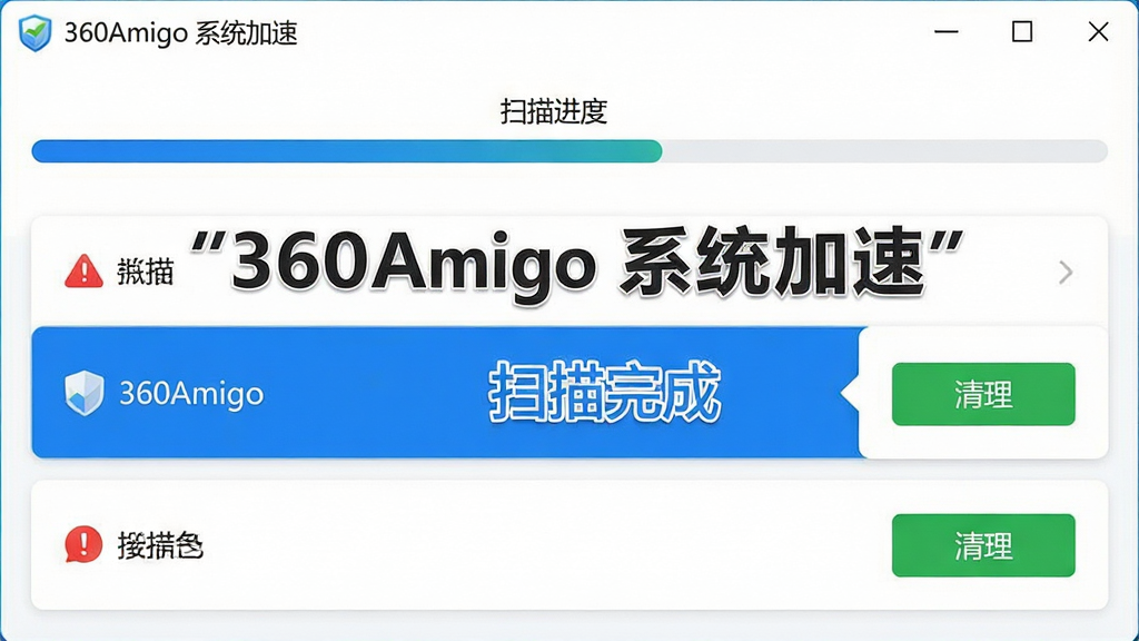 һ��AI���ɵ���������չʾͼ����������Ϊ360Amigo ϵͳ���ٵ�ɨ�����б������ֲ������½ṹ���Ϸ�Ϊɨ����������·�Ϊ��������Ƭ���Ű�������������Ϊ��Լ�Ƽ��У�ϸ�ڰ�����ɫ����ѡ�����ɫ�����Ǻ���ɫ������ť�����ʸ��壬�ɾ��޶���Ԫ�أ�����Ϊ��ɫ�����������ּ�����