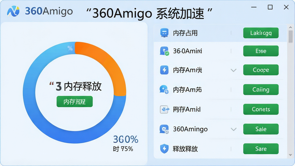 һ��AI���ɵ���������ʾ��ͼ����������Ϊ360Amigo ϵͳ���ٵ��ڴ��ͷ�ģ�飬���ֲ������ҷ��������Ϊ�ڴ�ռ�û���ͼ���Ҳ�Ϊ�����б����Ű�Գƣ����Ϊ��ˬ��ƽ����ϸ�ڰ�����ɫ���价�Ρ���ɫ��ռ�ñ�Ǻ���ɫ�ͷŰ�ť�������������ɾ��޶���Ԫ�أ�����Ϊǳ��ɫ�����������ּ�����