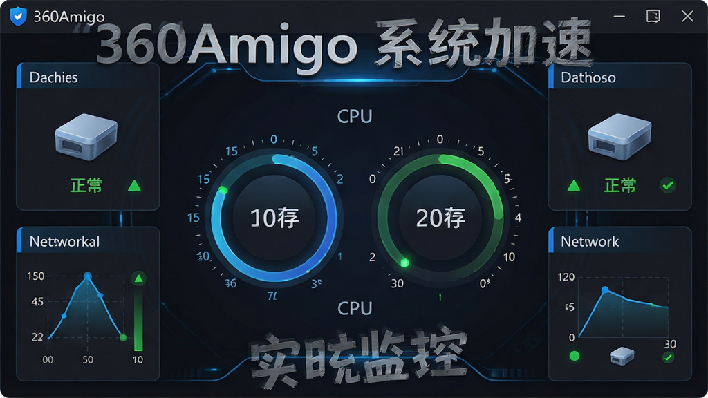 һ��AI���ɵ���������ʾ��ͼ����������Ϊ360Amigo ϵͳ���ٵ�ʵʱ�����壬���ֲ����Ǳ���ʽ���֣�����ΪCPU���ڴ滷��ͼ������Ϊ����������Сͼ�����Ű���⣬���Ϊ��ɫ�Ƽ��磬ϸ�ڰ�����ɫ������������ɫ���̶ֿȺ���ɫ����״ָ̬ʾ�������������ɾ��޶���Ԫ�أ�����Ϊ���ɫ�����������ּ�����