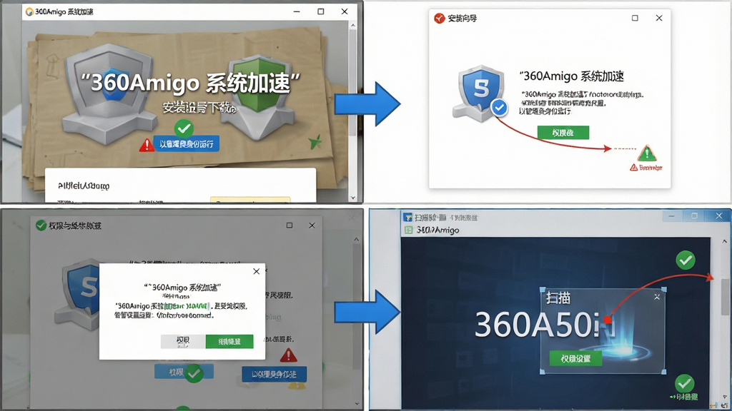 һ��AI���ɵ�������������ͼ����������Ϊ360Amigo ϵͳ���ٵİ�װ��Ȩ�����ò��裬���ֲ����ĸ�־�ʽ������Ϊ����ҳ�棬����Ϊ��װ�򵼣�����ΪȨ�޵���������Ϊɨ����棬�Ű����������Ϊ��ƽ���̷̳磬ϸ�ڰ�����ɫ��ͷ��������ɫ�Թ�ȷ�Ϻͺ�ɫ������ʾ�����ʸɾ����޶���Ԫ�أ�����Ϊ��ɫ�����������ּ�����