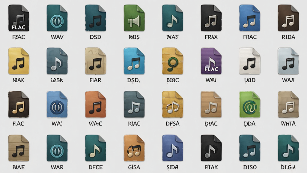 һ��չʾ Foobar2000 ֧�ֶ�����Ƶ��ʽ���Ӿ�ͼ������Ϊ�����������Ƶ�ļ�ͼ�����У�������������ʽ��չ��ǳ��ɫ�����ϣ��Ű��������򣬷��Ϊ�������磬ϸ�ڰ���ÿ��ͼ���·���ע��ʽ������ FLAC��WAV��DSD �ȣ����ʸɾ�������������Ԫ�أ������д������� 