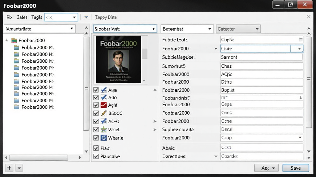 һ��չʾ Foobar2000 ��ǩ�༭�����ͼƬ������Ϊ������ʽ��Ԫ���ݱ༭���ڣ��������Ϊ�ļ��б����Ҳ�Ϊ��ǩ�ֶ����������Ű湤�������Ϊרҵ�����������棬ϸ�ڰ���ר������Ԥ������ѡ��ѡ���뱣�水ť�������������ɾ��޶���Ԫ�أ������д������� 