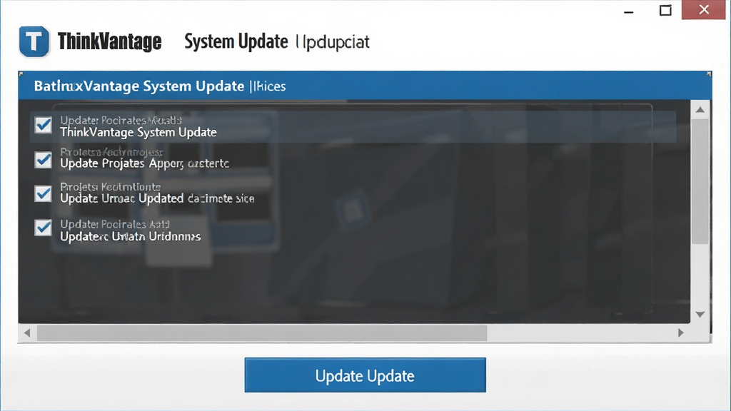 һ���������������ͼ��չʾ ThinkVantage System Update ����������ҳ�棬���������Ŀǰ�й�ѡ�򣬵ײ�����Ŀ�ĸ��°�ť��������ɫΪ���������񣬻���������������Ԫ�ء�