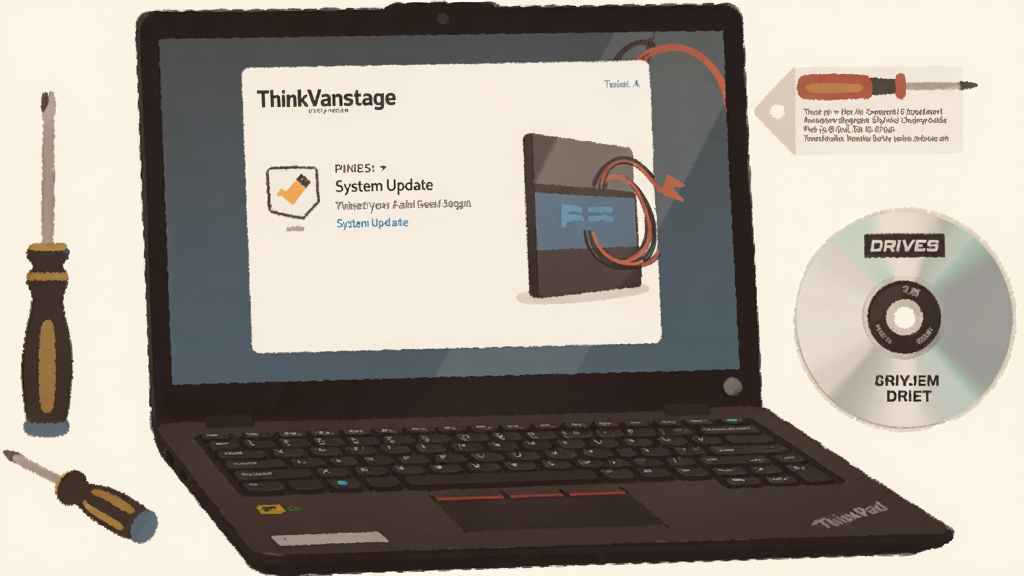 һ�ŵ���ά�޳����Ĳ廭��������һ̨ ThinkPad �ʼǱ���Ļ��ʾ ThinkVantage System Update ���棬�Ա�����˿�����������̺���ʾ��ǩ������ƽ����ɫ����ů�����������ɾ���
