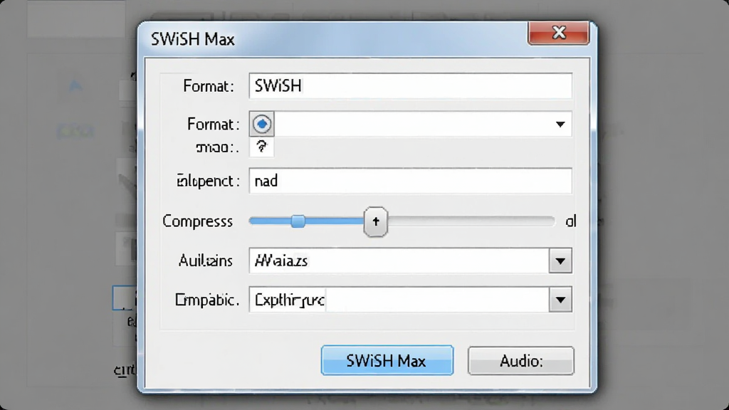 SWiSH Max �������ô��ڽ��棬����Ϊ���������Ի��򣬲��־��У��Ű����������Ϊдʵ������ͼ��ϸ�ڰ�����ʽѡ�ѹ�����顢��Ƶ���á�������ť�������������ɾ����޶���Ԫ��