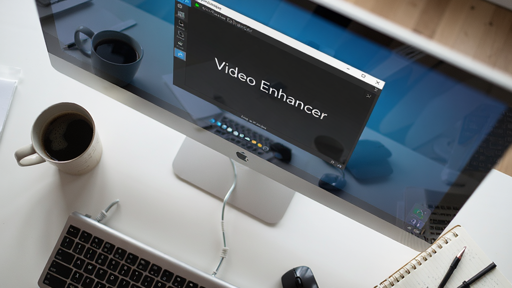 ����Ϊ�������泡������Ļ����ʾ Video Enhancer �������ڣ��Ա߷���һ�����Ⱥ�һ���ʼǱ�������Ϊ���ӽǶȣ��Ű���Ȼ���⣻���Ϊ����칫дʵ��ϸ�ڰ�������һ�ǡ���ꡢ��Ļ���⣻�����������ɾ����޶���Ԫ�أ���Ļ����ʾ���֡�Video Enhancer����