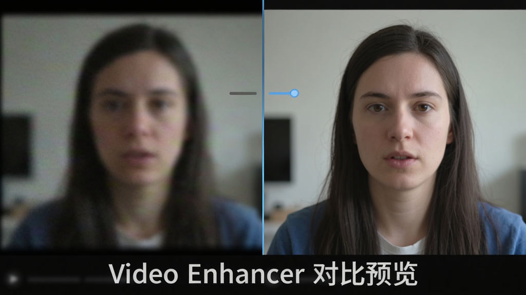 ����Ϊ�����ԱȽ��棬�����ʾģ����Ƶ���棬�Ҳ���ʾ���� Video Enhancer ��������������棬�м��зָ��ߣ�����Ϊ���ҶԳƣ��Ű�ͻ���Ա�Ч�������Ϊдʵ��Ƶ��ͼ���ϸ�ڰ��������������졢ɫ�ʱ��Ͷȱ仯�����ʸ��壬�ɾ����޶���Ԫ�أ�����ײ���ʾ���֡�Video Enhancer �Ա�Ԥ������