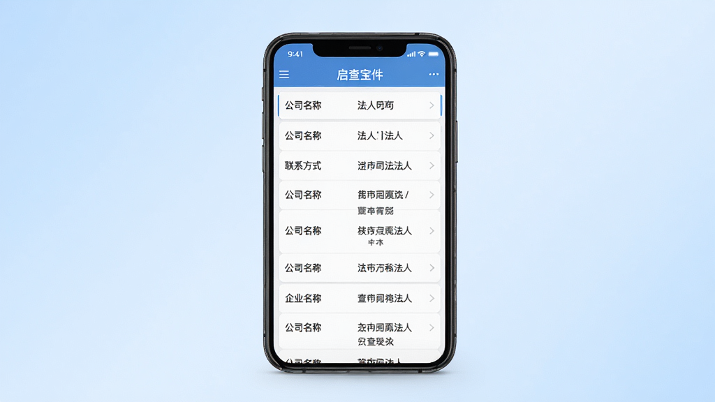 ���鱦����������չʾ�������������ֻ���Ļ����Ļ����ʾ��ҵ��Ϣ��ѯ����б���������˾���ơ����ˡ���ϵ��ʽ���ֶΣ�����Ϊ�ɾ���ǳ��ɫ���䣬���������ϸ�����������ʸ��壬�ɾ����޶���Ԫ��