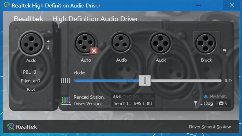 һ�� Realtek High Definition Audio Driver ��������Ԥ��ͼ������Ϊ������Ļ����ʾ����Ƶ����������壬���־��У��Ű����룬�����Ƽ��У�ϸ�ڰ�����Ƶ���ͼ�ꡢ�������顢�����汾��Ϣ�������������ɾ����޶���Ԫ��