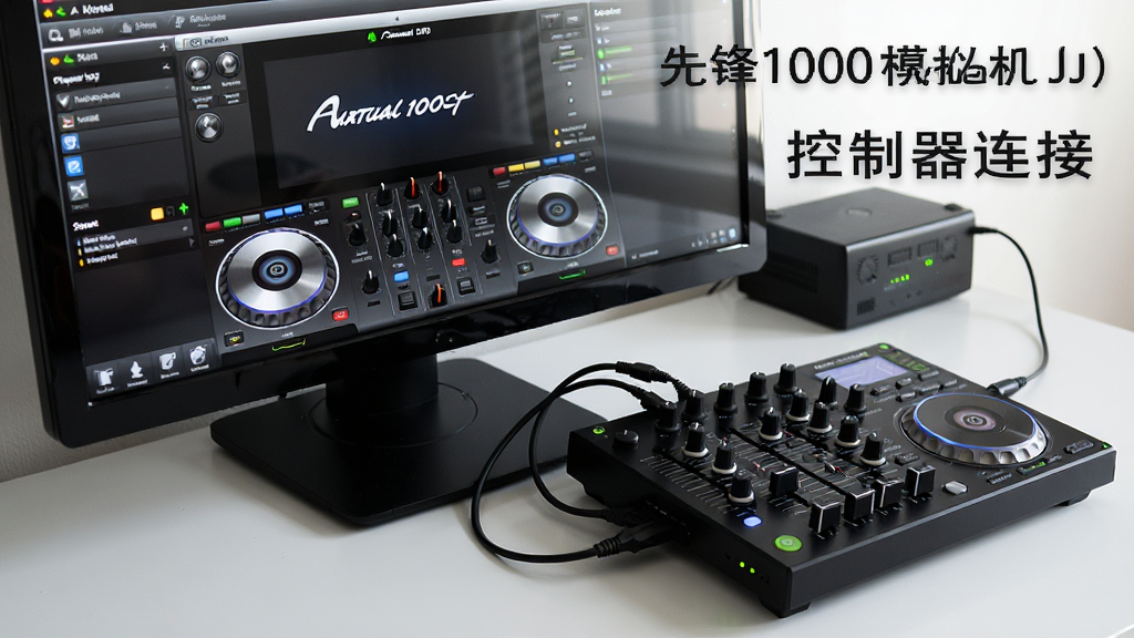һ��չʾ�ȷ�1000ģ��������Virtual DJ�������ⲿ�������ĳ���ͼ�����������ǵ�����Ļ��ʾ�������棬�Ա߷���һ̨С��MIDI������������������ϵ����Ӻ���ť����Ļ���ݺ�Ӧ������Ϊ����ʵ�ķ�񣬷��дʵ��ϸ�ڰ��������ߡ��豸ָʾ�ơ���Ļ���⣬���������ɾ������������ֱ�ע���ȷ�1000ģ��������Virtual DJ�����͡����������ӡ����޶���Ԫ�ء�