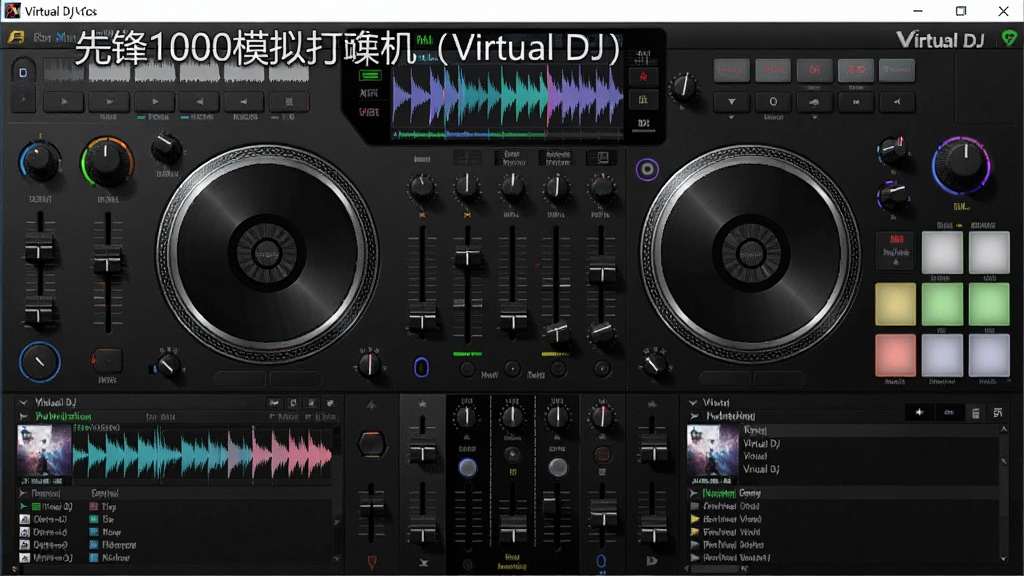 һ��չʾ�ȷ�1000ģ��������Virtual DJ�������������ͼƬ�����������Ǻ�ɫ˫ת��ģ��������ת�̴�����ɫ�����߿���������ֲ������ӡ���ť�ʹ���棬�·��ǻ���̨������Ļ��ʾ����ͼ����Ŀ�б������岼��Ϊ�������ڽ�ͼ�������ͻ�����Ű���У����дʵ�Ƽ��У�ϸ�ڰ�����ť�������������⡢����ɫ�ʽ��䣬���������ɾ������������ֱ�ע���ȷ�1000ģ��������Virtual DJ�����͡�Virtual DJ�����޶���Ԫ�ء�
