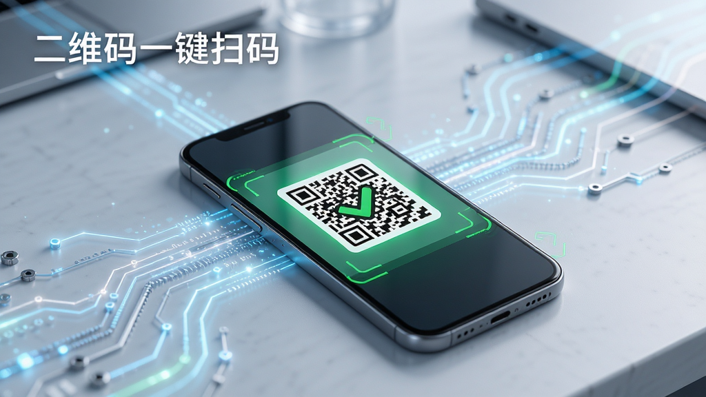 一部智能手机正在扫描桌面上的二维码,屏幕显示识别成功的绿色对勾图标,背景有科技感的光线流动效果,画面风格写实明亮,细节丰富,画质高清,干净无杂物,图片中文字标注