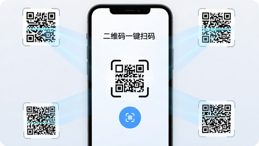 一张展示手机屏幕显示二维码一键扫码软件主界面的图片,画面中央是醒目的扫码按钮,背景为简洁的浅色渐变,手机周围环绕着各种二维码图案和扫描光线效果,整体风格干净现代,画质清晰,无多余元素,图片中文字标注
