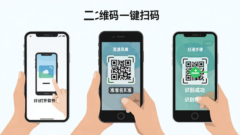 手机屏幕展示扫码操作步骤示意图,画面分为三个步骤:打开软件、对准二维码、识别成功,每个步骤配有简洁图标和简短文字说明,整体风格扁平化设计,配色清新,画质清晰,无多余装饰,图片中文字标注