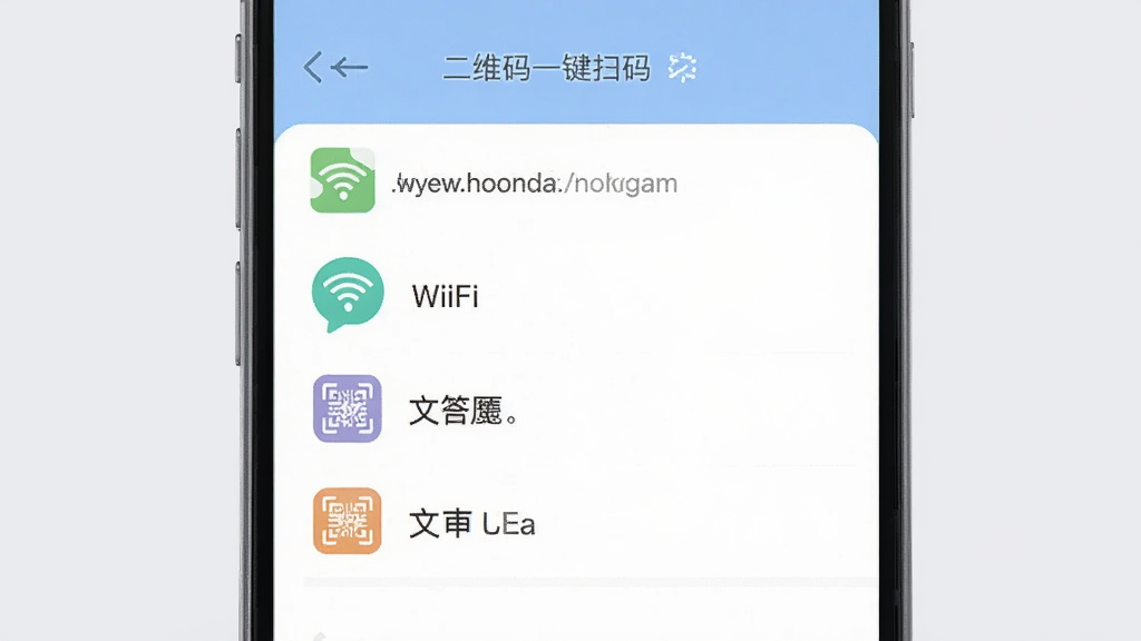 展示手机屏幕上扫码历史记录列表的界面截图,列表项包含网址、WiFi、文本等不同图标标识,界面整洁有序,配色柔和舒适,背景为纯色浅灰,画质清晰无噪点,图片中文字标注