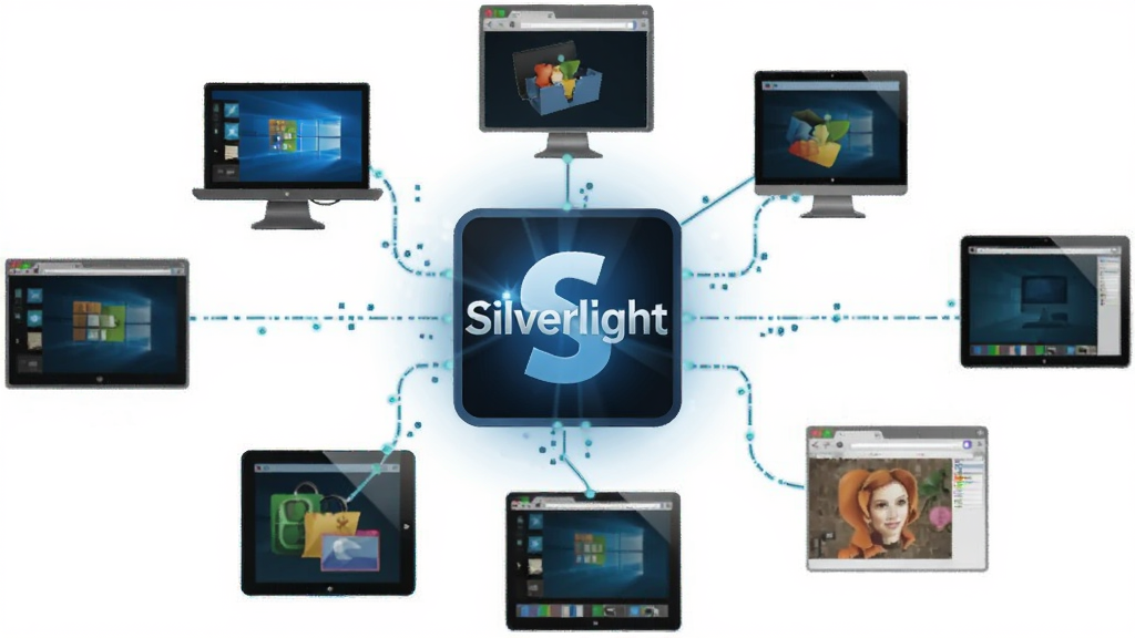 һ������ Microsoft Silverlight ��ƽ̨�����ĿƼ��廭������Ϊ���뷢��� Silverlight ͼ�꣬���������Ų�ͬ����ϵͳ�ĵ��ԡ�ƽ������������ڣ����ֲ��û������ӽṹ�����Ϊ����ʸ���Ƽ��磬ϸ��ͻ���������������豸��������������������ɾ����޶���Ԫ��