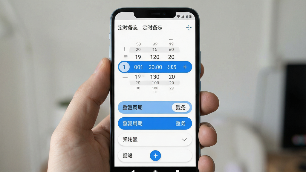 一张展示“定时备忘”应用提醒设置界面的图片,画面主体是一部安卓手机,屏幕上显示时间选择器和重复周期选项,界面中清晰可见“定时备忘”字样,布局为上下结构,上方是时间滚轮,下方是重复选项列表,风格简洁明快,细节包括蓝色高亮选中状态、白色背景、圆角按钮,画质高清,干净,无多余元素