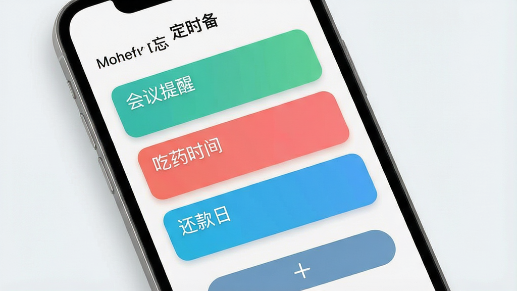 一张展示手机屏幕界面的图片,画面中央是“定时备忘”应用的主界面,界面顶部显示软件名称“定时备忘”,中间排列着多条彩色备忘卡片,分别标注“会议提醒”“吃药时间”“还款日”等文字,底部有添加按钮,整体布局清晰,风格为现代扁平化设计,细节包括圆角卡片、柔和阴影、浅色背景,画质高清,干净,无多余元素