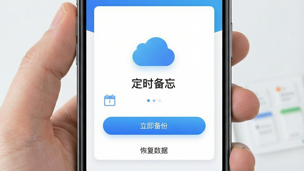 一张展示“定时备忘”应用云端备份功能界面的图片,画面中手机屏幕显示备份与恢复选项,界面中央有云朵图标和“定时备忘”文字,下方有“立即备份”“恢复数据”按钮,布局为居中对称,风格为科技感扁平化,细节包括蓝色渐变按钮、白色卡片、简洁图标,画质高清,干净,无多余元素
