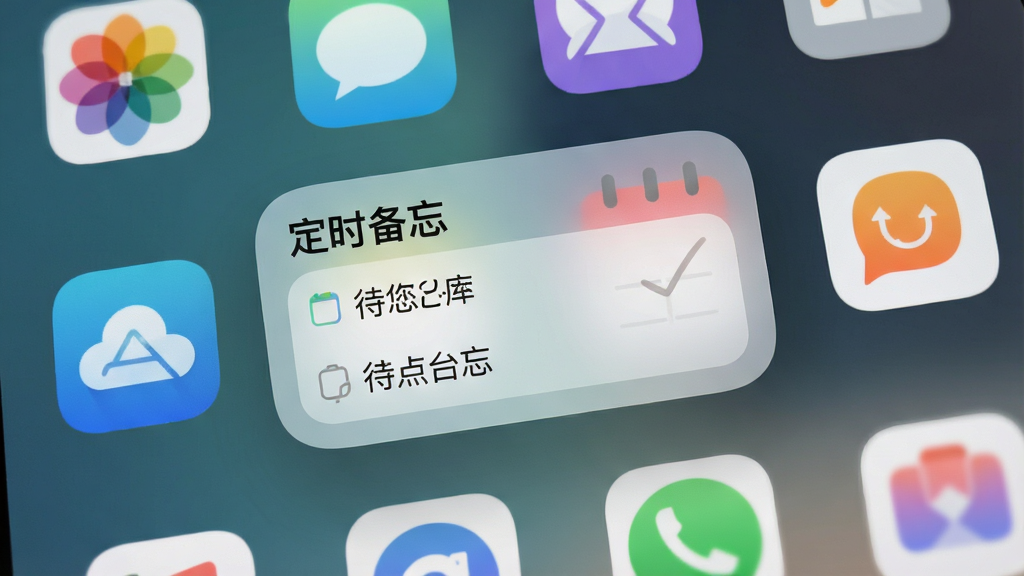 一张展示“定时备忘”应用桌面小组件效果的图片,画面主体是手机桌面,桌面上放置了一个矩形小组件,小组件内显示“定时备忘”名称和两条待办事项文字,周围有其他应用图标,布局为网格状,风格为现代简约,细节包括半透明背景、圆角边框、清晰文字,画质高清,干净,无多余元素