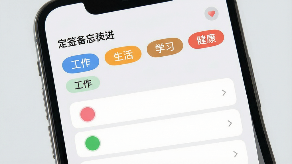 一张展示“定时备忘”应用标签分类管理界面的图片,画面中手机屏幕显示多个彩色标签,标签上分别写着“工作”“生活”“学习”“健康”,每个标签颜色不同,下方是带有对应标签的备忘列表,布局整齐,风格清新,细节包括圆形色块、卡片式列表、浅灰背景,画质高清,干净,无多余元素