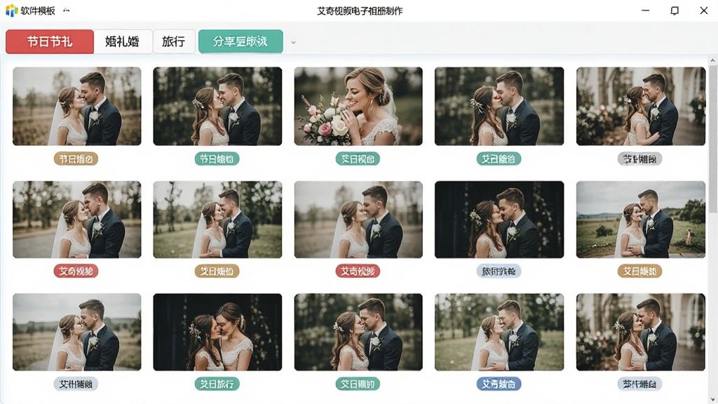 ����ģ��ѡ����棬����Ϊ������Ƶ�����������������ģ��ⴰ�ڣ����ֲ�����������ͼ���У��Ű���ÿ��ģ��չʾԤ��ͼ�ͷ����ǩ�����Ϊ�������µ�ǳɫϵ���棬ϸ�ڰ������ա��������еȷ���ѡ��������������ɾ����޶���Ԫ��