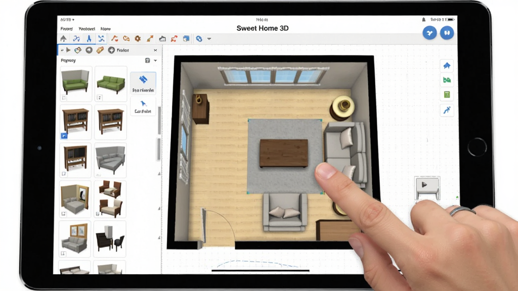 һ��չʾSweet Home 3D(��װ���)������ƽ�������ʹ�õ�ͼƬ������������һ̨����ƽ����ԣ���Ļ����ʾ����ƽ��ͼ�༭���棬�û���ָ������קһ��ɳ��ģ�ͣ�����Ϊƽ����У��Ű��࣬���Ϊ�ƶ��칫�����磬ϸ�ڰ�����ָ���ء��Ҿ߿���������񱳾��������������ɾ����޶���Ԫ��