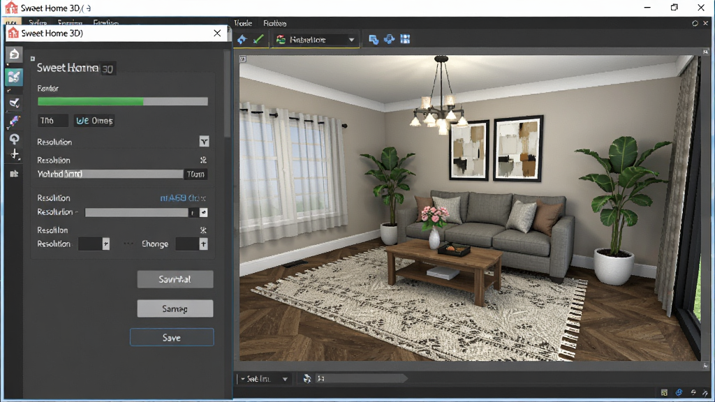 һ��չʾSweet Home 3D(��װ���)��������Ч��ͼ��ͼƬ�����������ǵ�����Ļ����ʾ��Ⱦ���ô��ں�һ������ɵĸ�������Ч��ͼ��ͼ�п������þ��£��е�̺���һ�����ֲ������Ϊ����������Ч��ͼ���У��Ű����������Ϊרҵ���չʾ�磬ϸ�ڰ�����Ⱦ���������ֱ���ѡ����水ť�������������ɾ����޶���Ԫ��