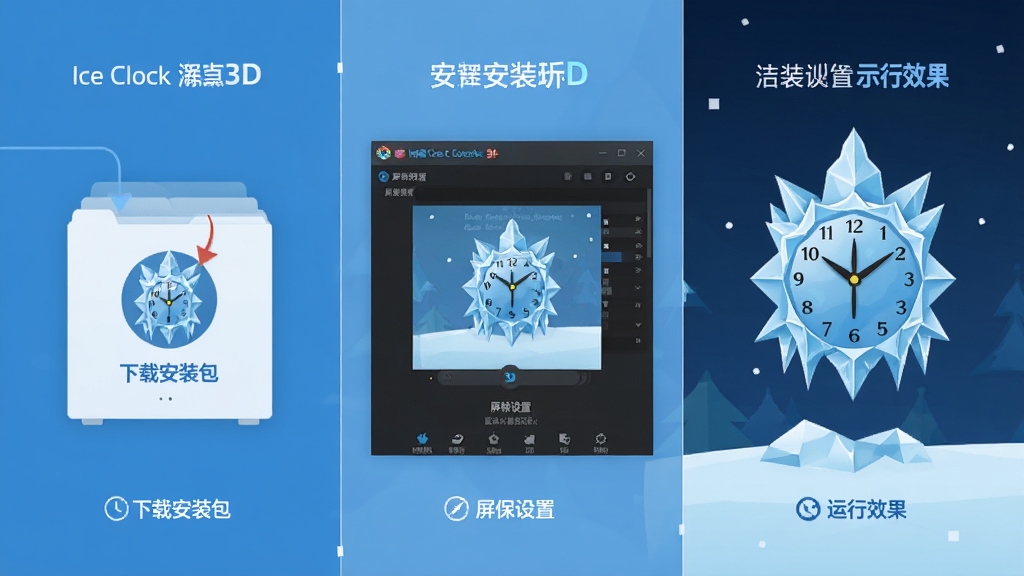 Ice Clock 3D ������װ���ò���ʾ��ͼ�������Ϊ�������֣���������ذ�װ�����м����������ý��棬�Ҳ��Ǳ���ʱ������Ч����������ñ�ƽ����Ϣͼ�����ɫ������Ϊ����������ˣ��޶���װ��