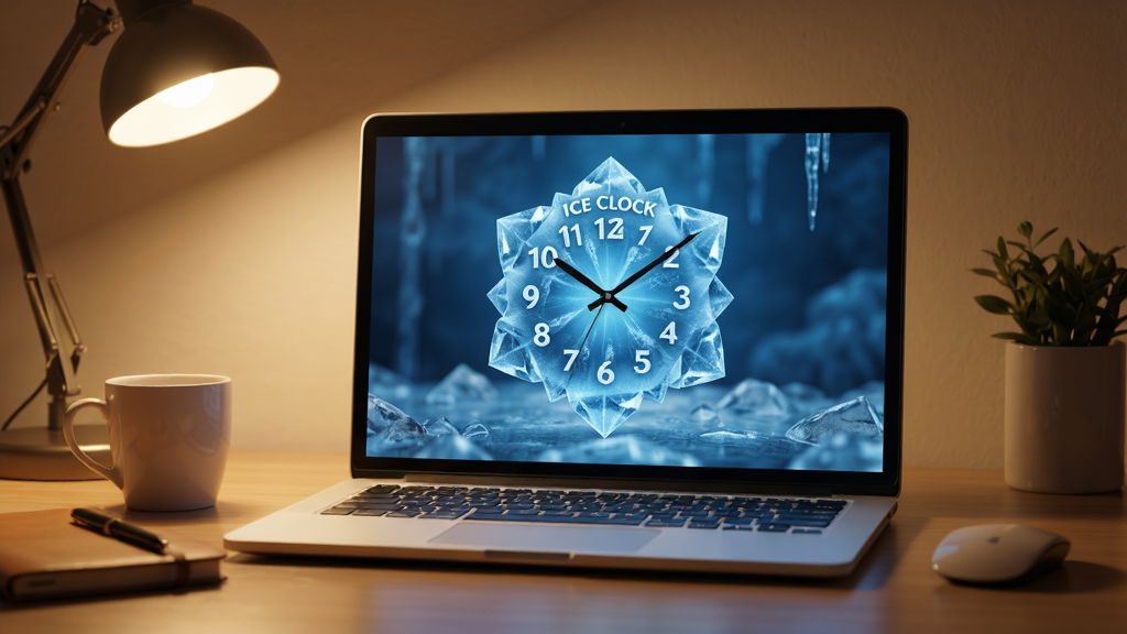 Ice Clock 3D �����ڵ��������ϵ�����Ч��ͼ��һ̨�ʼǱ�������Ļ����ʾ�ű���ʱ����������Χ����ܰ�İ칫���滷������Ļ������������������ɫ����ůɫ�����γɶԱȣ�дʵ��񣬹�ͼ��࣬����ϸ��