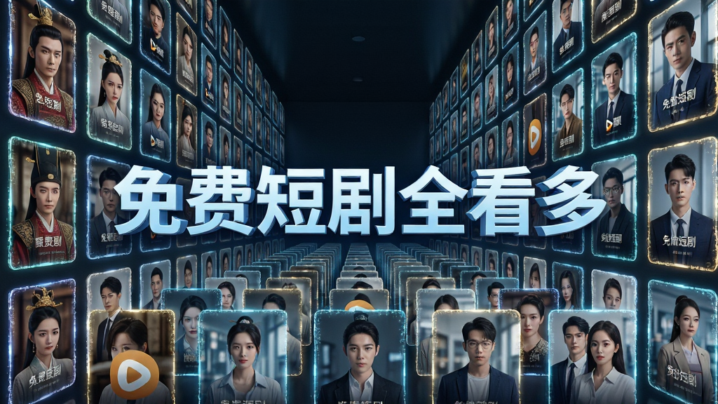 画面主体为一座巨大的虚拟视频库,库中整齐排列着无数短剧封面海报,海报上有古装人物、现代都市男女等形象,布局采用纵深透视排列,风格为科幻数据流视觉风格,细节上每张海报边缘有微光闪烁,画面中央悬浮“免费短剧全看多”立体字样,画质超清,画面干净,无多余元素