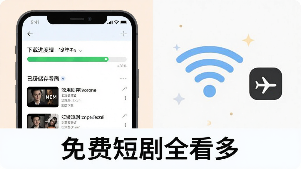 画面主体为手机屏幕显示下载进度条与已缓存剧集列表,旁边有WiFi信号图标与飞机模式图标形成对比,布局采用左右分栏对比展示,风格为扁平化插画风格,细节上进度条显示绿色完成状态,画面下方有“免费短剧全看多”文字标识,画质清晰,画面干净,无多余元素