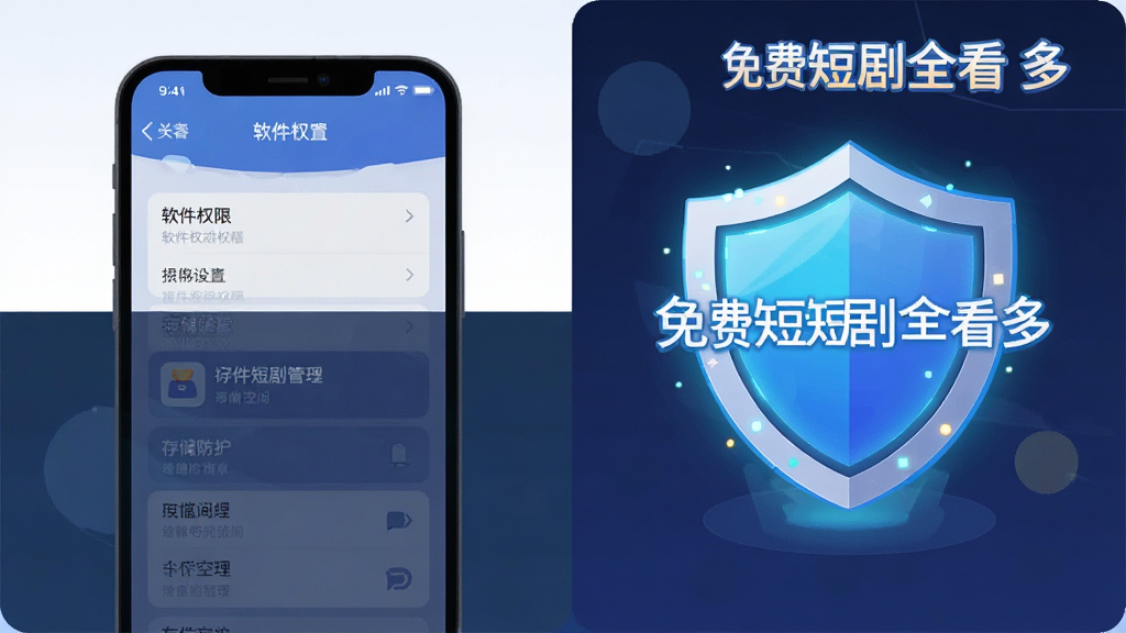 画面主体为手机屏幕显示软件权限设置界面与存储空间管理界面,旁边有盾牌图标代表安全防护,布局采用上下分栏展示,风格为扁平化科技插画风格,细节上盾牌有发光效果,画面中有“免费短剧全看多”文字标识,画质高清,画面干净,无多余元素