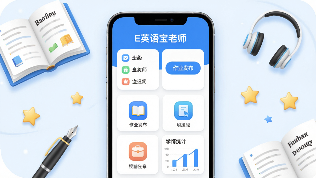 主体为一部智能手机竖屏展示“E英语宝老师”应用主界面,界面内有班级列表、作业发布按钮和学情统计图表;布局为手机居中,四周环绕英语课本、耳机、钢笔和星星图标;排版采用上下结构,上方为应用名称“E英语宝老师”,下方为功能图标组;风格为清新教育风,蓝白配色;细节包含圆角图标、柔和阴影、简洁卡片;画质高清,画面干净,无多余元素