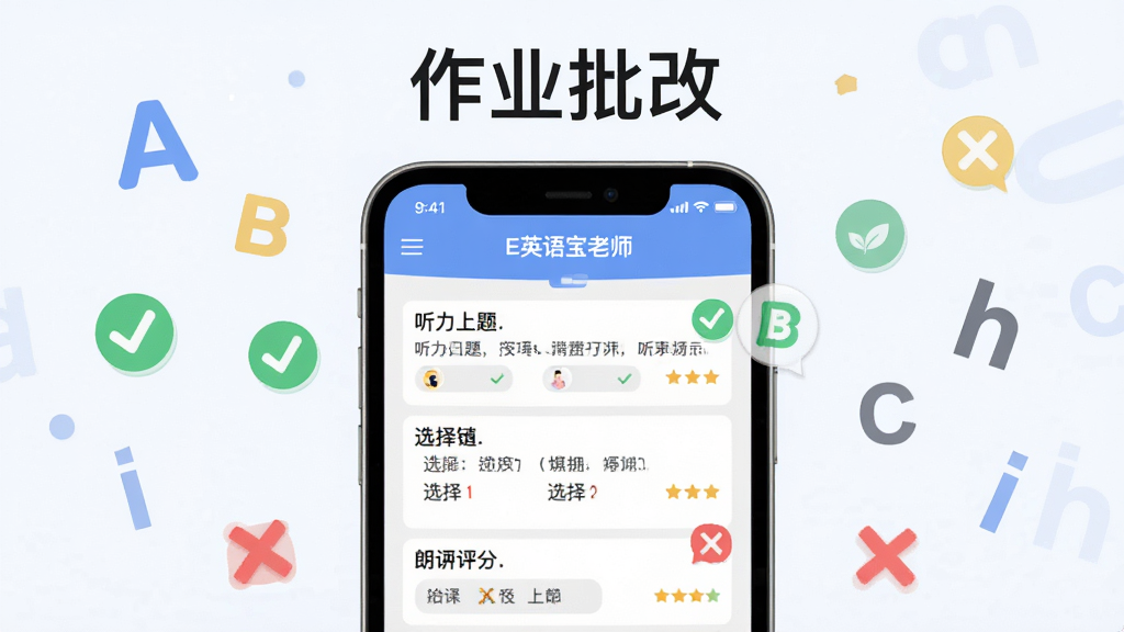 主体为手机屏幕展示“E英语宝老师”作业批改页面,页面内有听力题、选择题和朗读题,旁边有红色批改标记和评分;布局为手机居中,周围有漂浮的字母A、B、C和英语音标符号;排版采用居中对称,上方写“作业批改”;风格为扁平化教育科技风;细节包含绿色对勾、红色叉号、分数气泡;画质高清,干净,无多余元素