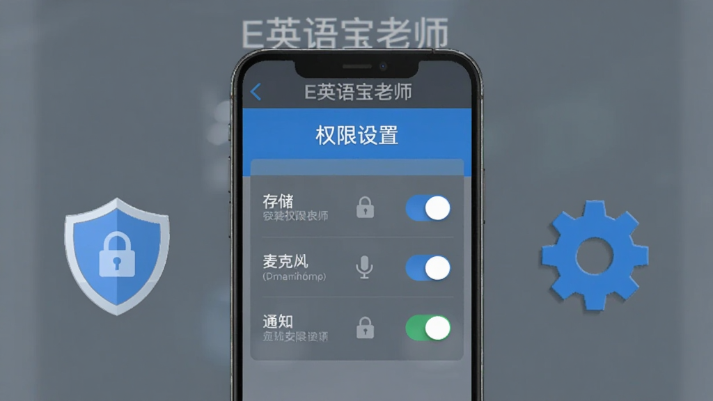主体为手机屏幕展示“E英语宝老师”安装权限设置界面,包含存储、麦克风、通知三个权限开关;布局为手机居中,旁边有盾牌和齿轮图标;排版采用上下结构,上方写“权限设置”;风格为简洁工具风,蓝灰配色;细节包含开关按钮、文字说明、小锁图标;画质清晰,干净,无多余元素