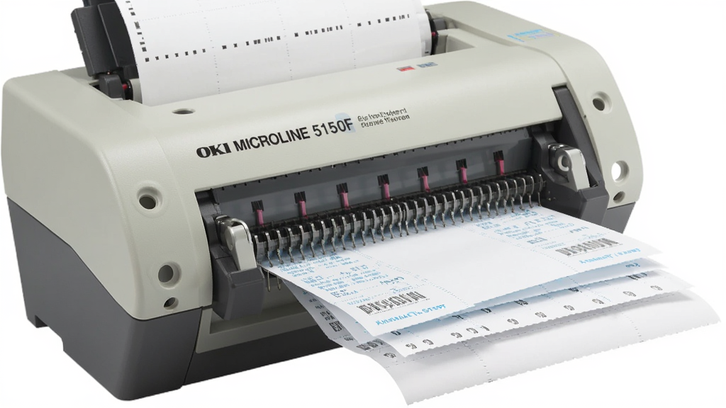һ��չʾOKI MICROLINE 5150F��ʽ��ӡ������������дЧ����ͼƬ������Ϊ��ӡ�����ڴ�ӡ����Ʊ�ݣ�����Ϊ�����ӽǣ��Ű�ͻ��ֽ�Ų�Σ����Ϊдʵ����磬ϸ�ڰ�����дֽ����ɫ�ּ�����ӡ����ͷ����������ֽ����Ķ�λ�ף������������ɾ����޶���Ԫ��