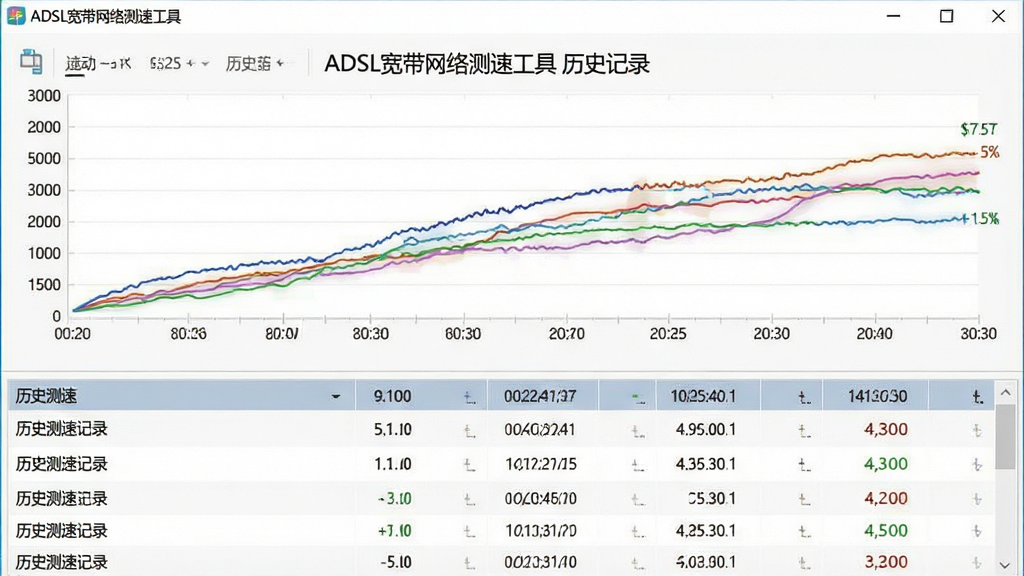 һ��չʾADSL����������ٹ�����ʷ��¼�Աȹ��ܵ�ͼƬ������Ϊ���������е�����ͼ���б������ֲ������½ṹ���Ϸ�Ϊ�ٶȱ仯����ͼ���·�Ϊ��ʷ���ټ�¼�б����Ű����룬���Ϊ��Լ����磬ϸ�ڰ�����ͬ��ɫ�������ߡ�ʱ������ٶ���ֵ�����ʸ��壬�ɾ��޶���Ԫ�أ���������ʾ���֡�ADSL����������ٹ��� ��ʷ��¼����