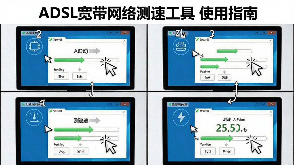 һ��չʾADSL����������ٹ���ʹ�ò����ͼƬ������Ϊ������Ļ�ϵ������������棬���ֲ����ĸ�־���ʽ���ֱ�չʾ��װ�����������١��鿴����ĸ����裬�Ű��������򣬷��Ϊ�̳�ͼ��磬ϸ�ڰ��������ͼ�ꡢ�����������ͽ�����֣����ʸ��壬�ɾ��޶���Ԫ�أ������б�ע���֡�ADSL����������ٹ��� ʹ��ָ�ϡ���