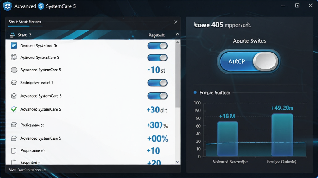һ��չʾ Advanced SystemCare 5 ϵͳ���ٹ��ܵĽ���ͼ������Ϊ�����е�����������������ٿ��أ��Ա��п���ʱ��Ա����ݣ�����Ϊ���ҷ�����������������б����Ҳ��Ǽ���״̬�����Ϊ��ɫ������������ɫ�������Ƽ���ǿ��ϸ���Ͽ��ذ�ť������У�����ͼ�������������������ɾ��޶���װ��