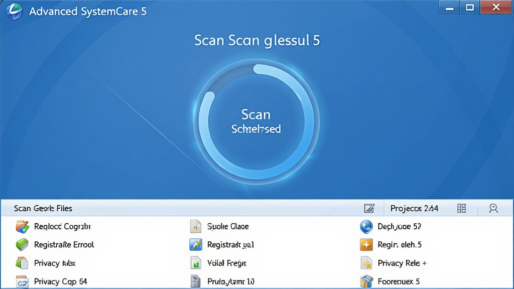 һ��չʾ Advanced SystemCare 5 ɨ�����Ľ����ͼ������Ϊ�������������ɨ����Ȼ����·������г��������ļ���ע���������˽�ۼ�����Ŀ������Ϊ���½ṹ���Ϸ���ɨ��״̬���·�����ϸ�б������Ϊ��ˬ����ɫ���Ƽ��磻ϸ����ÿ����Ŀǰ�в�ɫͼ���ʶ�����Ȼ��й���Ч������������������ɾ�������Ԫ��