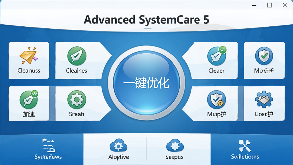 һ��չʾ Advanced SystemCare 5 �����������ͼƬ������Ϊ��������Ĵ�Բ��һ���Ż���ť����Χ���������������١������ȹ���ģ��ͼ�ꣻ���ֲ��þ��жԳ��Ű棬�Ϸ����������Ʊ��⣬�·��ǹ�����ڣ����Ϊ����ĿƼ������ɫ���䣬����ɾ����ࣻϸ���ϰ�ť����΢���ʸУ�ͼ�����������ʸ��壬�ɾ��޶���Ԫ��