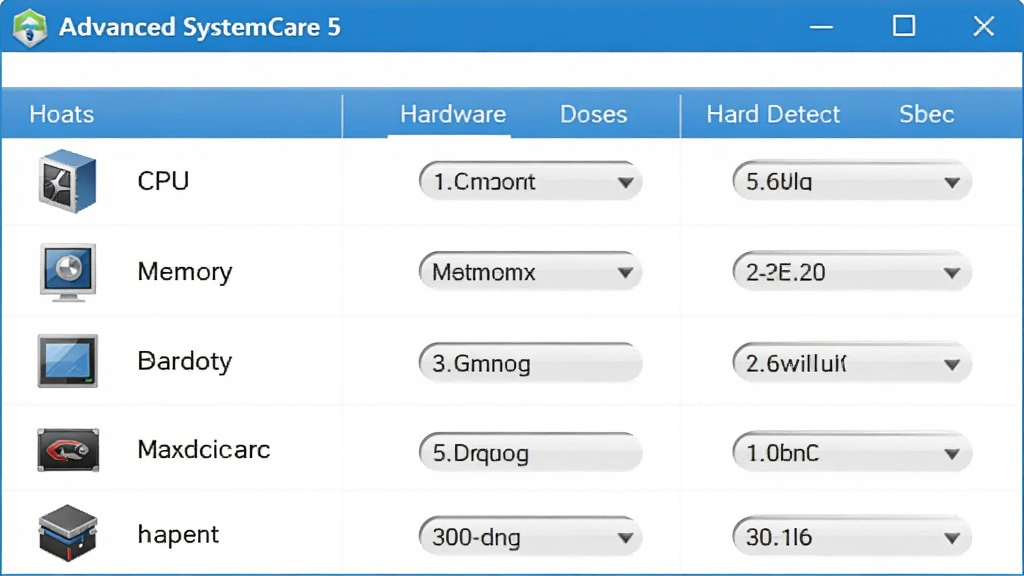 һ��չʾ Advanced SystemCare 5 Ӳ���������ͼƬ������Ϊ���������е�Ӳ����Ϣ�б�������CPU���ڴ桢Ӳ�̡��Կ�����Ŀ������Ϊ������ʽ�������Ӳ��ͼ�꣬�Ҳ��Ǿ�����������Ϊ���İ�ɫ����������ɫ��������ϸ������������������ͼ��Ϊ��ƽ����ƣ����ʸɾ����޶���Ԫ��