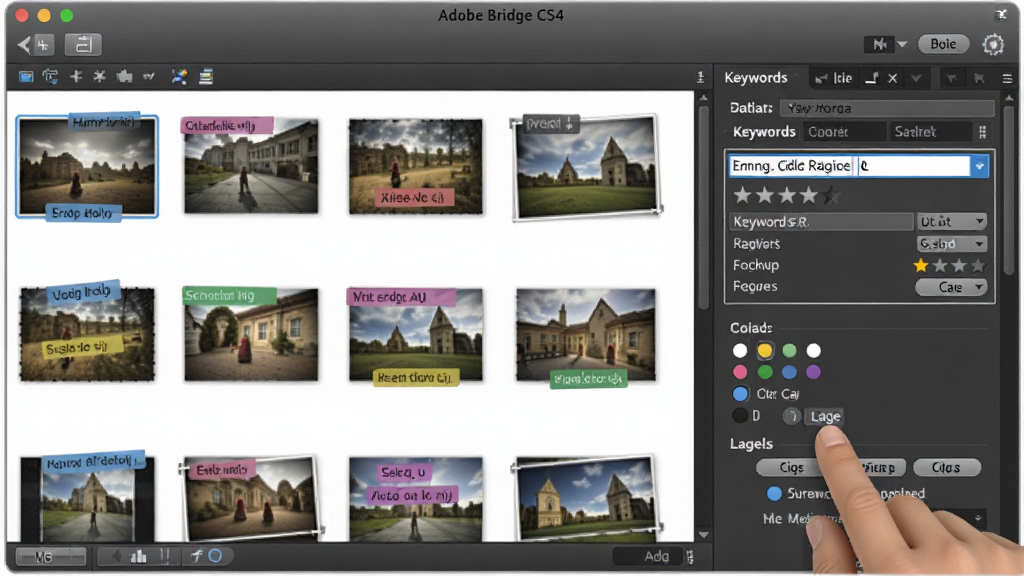 һ��չʾ Adobe Bridge CS4 Ԫ���ݱ༭�����Ч��ͼ�������������������ڣ��Ҳ���������ʾ�ؼ��ʱ�ǩ������Ǽ����ֺ���ɫ��ǩѡ��������ͼ�в���ͼƬ���в�ɫ��ǩ����������һֻ�����ڵ�����ӹؼ��ʰ�ť��������Ϊдʵ����������ͼ��ϸ�ڰ���Ԫ�����ֶΡ������˵��Ͱ�ť״̬�������������ɾ����޶���Ԫ�ء�