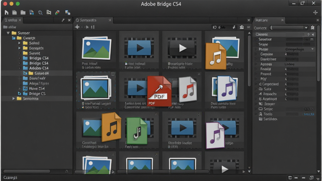 һ��չʾ Adobe Bridge CS4 ���л��زĹ������ܵ�ʾ��ͼ���������������汻����Ϊ���������������ļ��������м�����ͼ�����Ҳ�Ԫ������������ɼ���������Ư���Ŷ���ļ�����ͼ�꣬����ͼƬ����Ƶ��PDF ����Ƶ�ļ��������Ŷ��ʽ֧��������������Ϊ�Ƽ��б�ƽ���廭����ɫ����Һ���ɫΪ����ϸ�ھ��£������������ɾ����޶���Ԫ�ء�