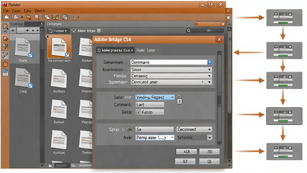 һ��չʾ Adobe Bridge CS4 �����������ܵ�ʾ��ͼ������������������ʾ����ļ���ѡ�У������������Ի��򣬶Ի����ڰ������������򡢸�ʽת��ѡ���ˮӡ���á���������Լ�ɼ��Զ������̼�ͷ���Ӹ�������ڵ㣬������Ϊ��Ϣͼ��ʽ�廭����ɫ�Գ�ɫ�ͻ�ɫΪ����ϸ�����������ʸɾ����޶���Ԫ�ء�
