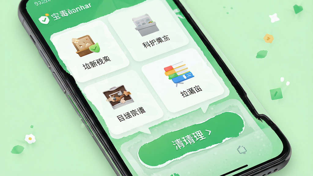 手机管家杀毒垃圾清理功能界面,画面展示手机屏幕中各类垃圾文件分类和清理按钮,背景为清新绿色调,风格简洁明快,细节清晰,画质高清,干净,无多余元素