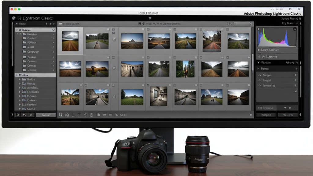 һ��չʾ Adobe Photoshop Lightroom Classic ���������ȫ��ͼ������������һ̨������ʾ������Ļ����ʾ�� Lightroom Classic ��ͼ��ģ�飬������ļ������ղؼ���壬�м�������״����Ƭ����ͼ���Ҳ���ֱ��ͼ������޸���Ƭ��壬��ʾ��ǰ���ڷ���һ̨���������һֻ��ͷ���������������ɫľ�����棬����Ϊ����ͼ�����Ϊרҵ����Ƽ���Ӱ����ϸ�ڰ�����Ļ�ϵ���Ƭ����ͼ��������������ɼ�����������΢���⣬����Ϊ����4K���ɾ����޶���Ԫ�ء�