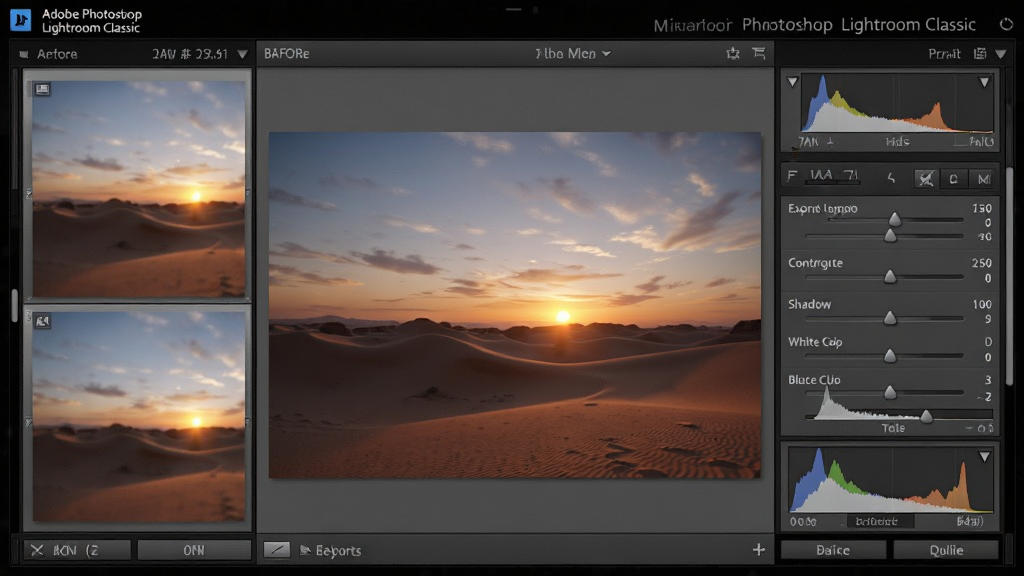һ��չʾ Adobe Photoshop Lightroom Classic �� RAW ��Ƭ����༭���ܵ���дͼ���������������������е��޸���Ƭģ�飬�Ҳ������ʾ�ع⡢�Աȶȡ��߹⡢��Ӱ����ɫɫ�ס���ɫɫ�׵Ȼ��飬�м���ɳĮ��������Ƭ����������ǵ���ǰ��ĶԱ�Ԥ��������Ϊ���������������Ϊרҵ��Ӱ���ڽ�����ϸ�ڰ���������ֵ��������Ƭɫ�ʲ�ηḻ��ֱ��ͼ��ʾ����������Ϊ���壬�ɾ����޶���Ԫ�ء�